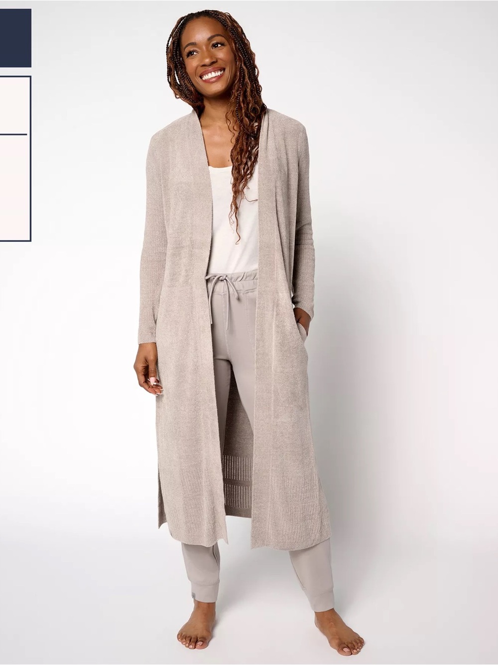 Barefoot Dreams CozyChic Lite Ribbed Long Duster Cardigan Taupe 1X QVXCL1011